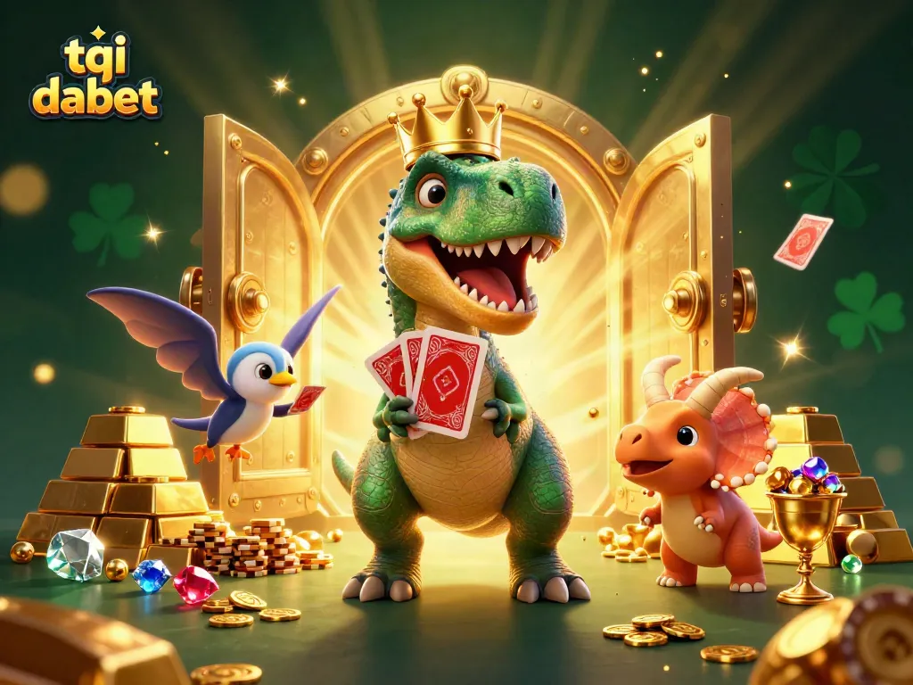Winning features at tại dabet with a T-Rex playing cards and colorful casino elements.