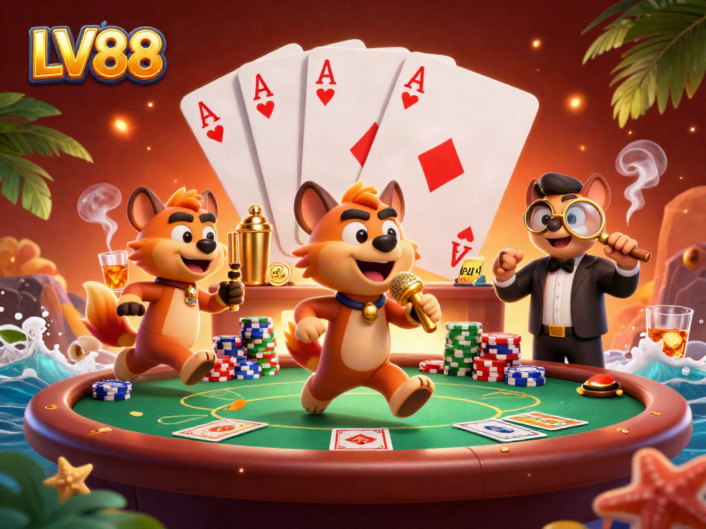 Engage in thrilling casino action with LV88's 3D hyena comedy club scene, featuring poker elements.