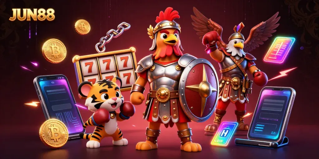 Immerse in the exciting world of JUN88, where a gladiator rooster meets vibrant casino elements.