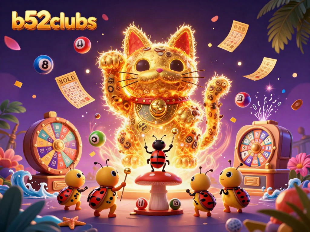 Engage with b52clubs through a vibrant and dynamic casino world filled with colorful lottery elements and a lucky cat.