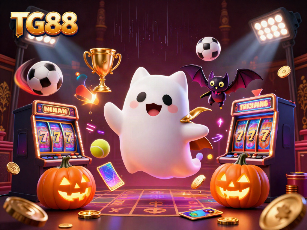 Engage with TG88's thrilling gaming experience featuring a ghostly cat and dynamic casino elements.