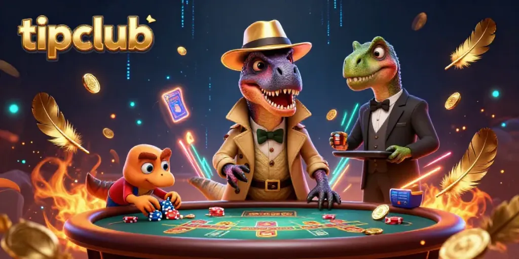 Engage in thrilling blackjack with tipclub's 3D velociraptor and friends in a vibrant casino scene.