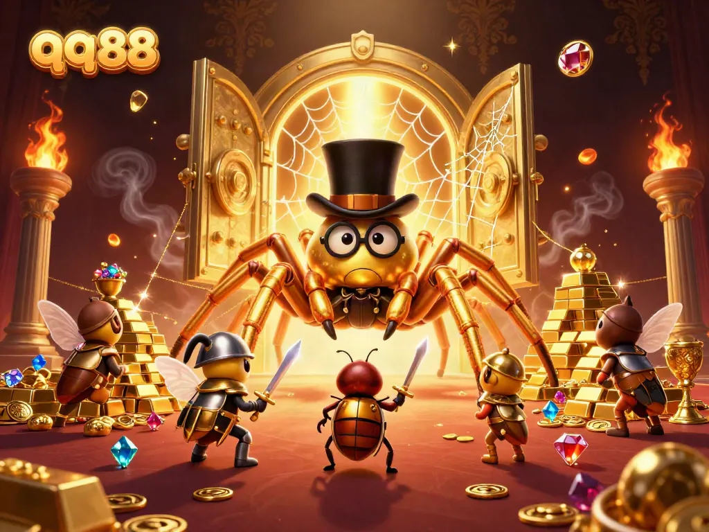 Witness the thrilling journey of a beetle knight at qq88's vibrant casino scene filled with treasures.