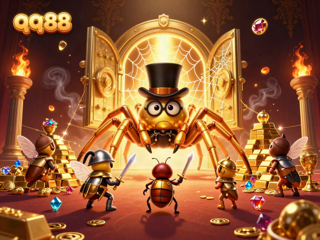 Witness the thrilling journey of a beetle knight at qq88's vibrant casino scene filled with treasures.