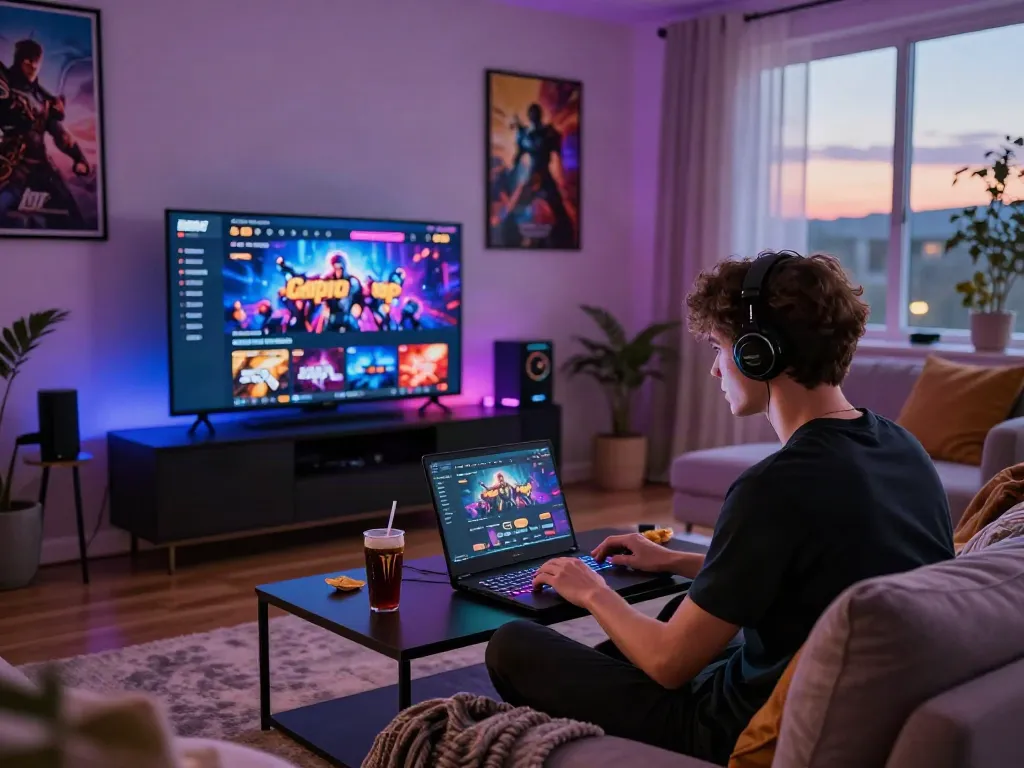 Enjoying an exciting uk online casino not on gamstop experience in a cozy living room.