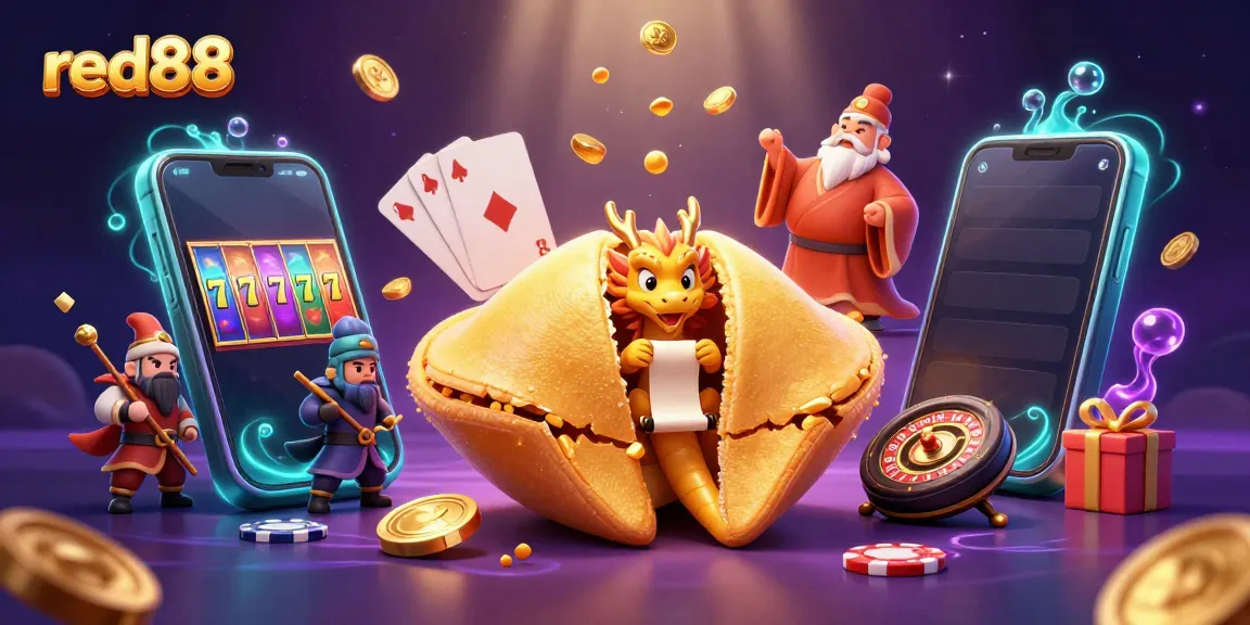 Experience the thrill of winning at red88 with a vibrant 3D casino illustration featuring golden fortune symbols.