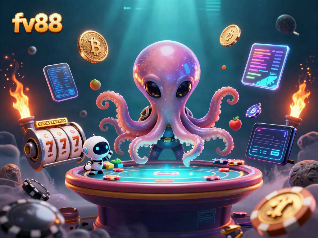 Engage with fv88's thrilling gameplay featuring a captivating scene of an alien octopus at a futuristic poker table.