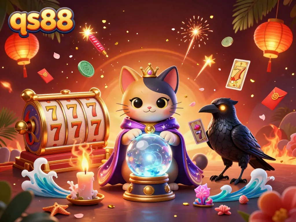 Experience qs88 with a mystical fortune teller and tarot-dealing raven in an exciting gambling scene.