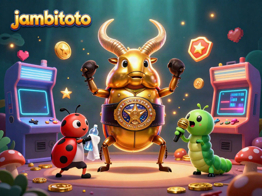 Play thrilling games with jambitoto in an immersive colorful casino battle scene featuring a golden stag beetle.