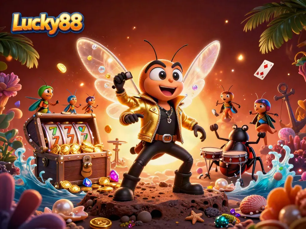 Engage with Lucky88 by spinning slot reels in this vibrant 3D casino illustration filled with excitement.