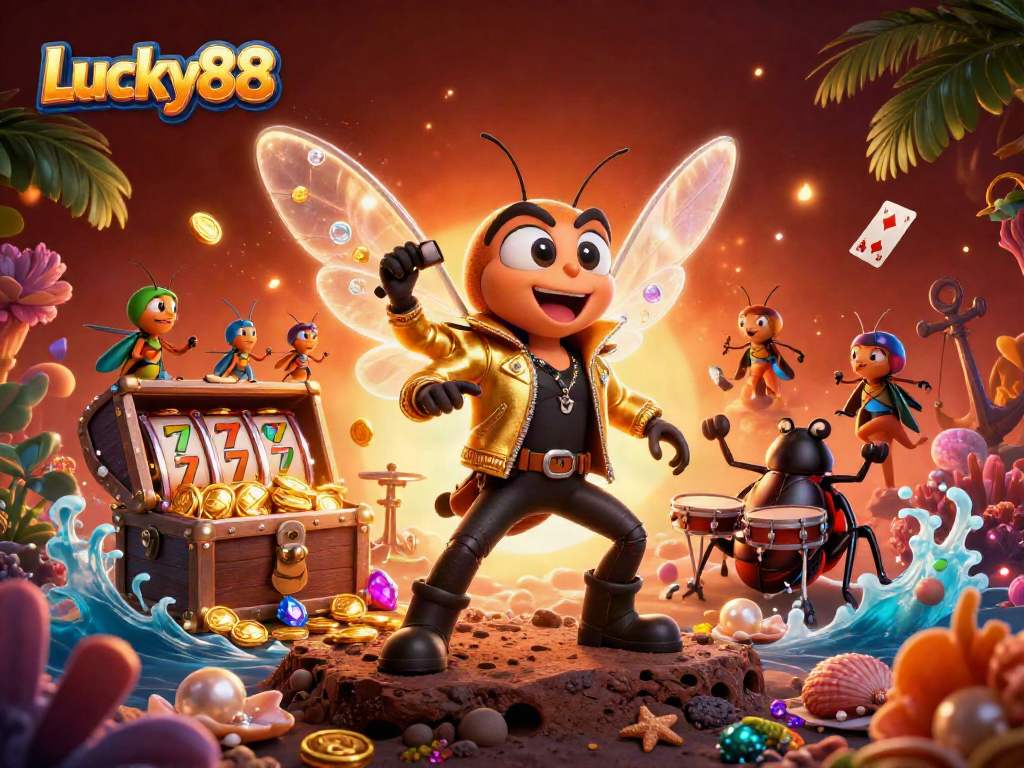 Engage with Lucky88 by spinning slot reels in this vibrant 3D casino illustration filled with excitement.