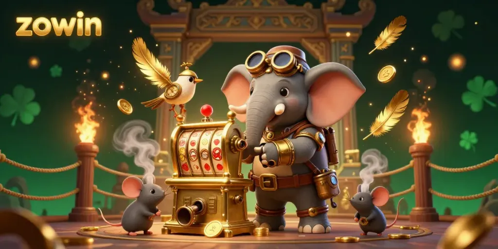 Experience thrilling jackpots at ZOWIN with a steampunk elephant, operating a golden slot machine amidst rich casino features.