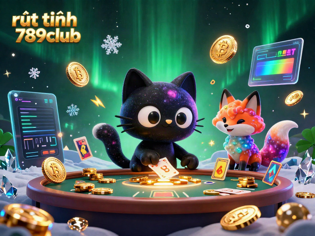 Engage in rút tiền 789club with vibrant cosmic casino cat and fox, showcasing digital currency