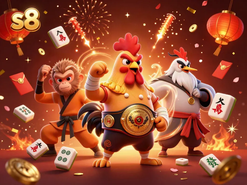 Engage with the dynamic s8 casino scene featuring a Muay Thai rooster, a Shaolin monkey, and a crane master amid festive elements.