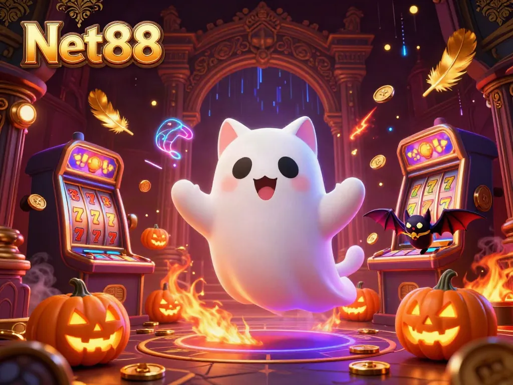 Experience thrilling gameplay at Net88 with a friendly ghost cat and vampire bat in a vibrant haunted casino.