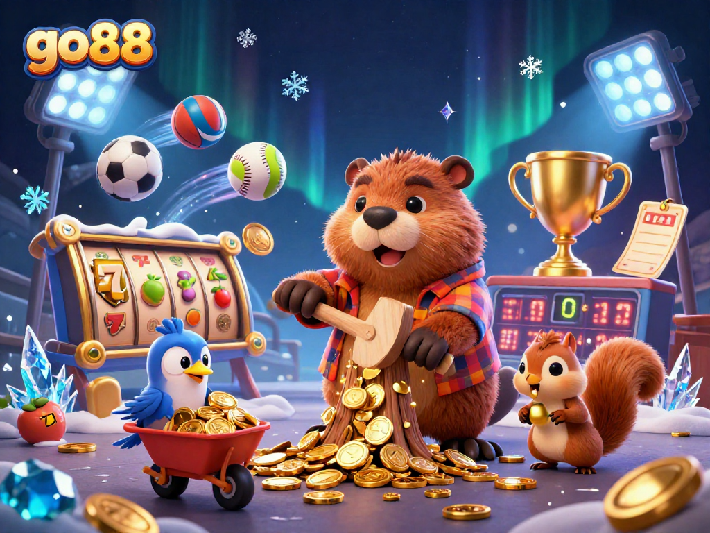 Experience go88's thrilling jackpots with playful characters in a vibrant casino scene.