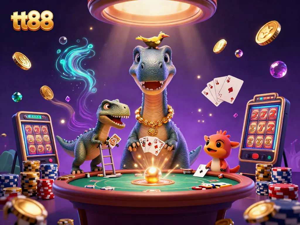 Experience thrilling gameplay at tt88 with a brontosaurus dealer and raptor managing the poker table