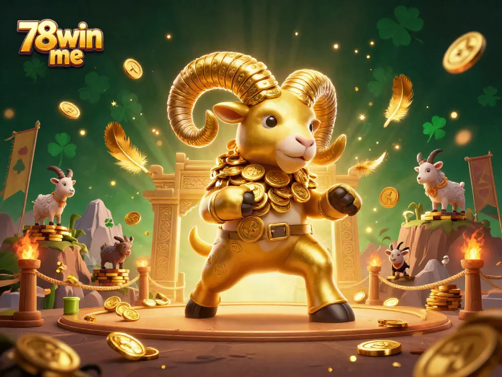 Engage with 78win me's vibrant casino world featuring a golden ram charging through a gate.