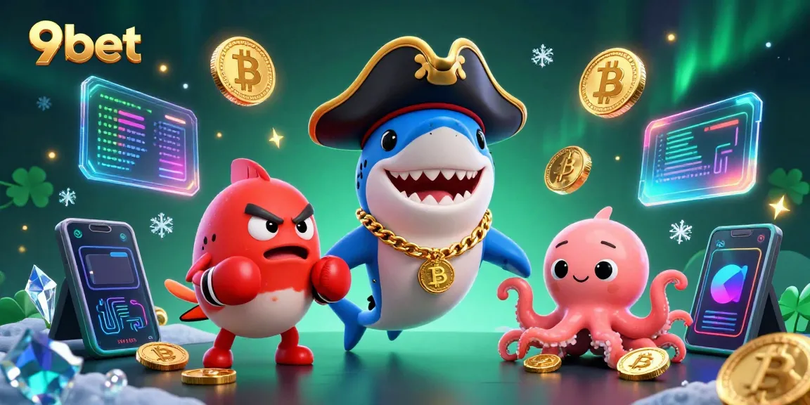 Win big with 9bet in this vibrant and lively casino-themed digital illustration featuring a playful pirate shark.