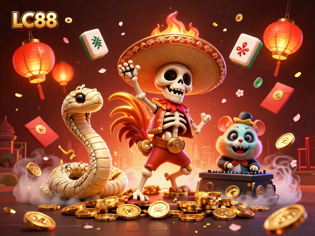 Join the celebrations at LC88 with a vibrant casino scene featuring a dynamic mariachi rooster and fun gaming elements.