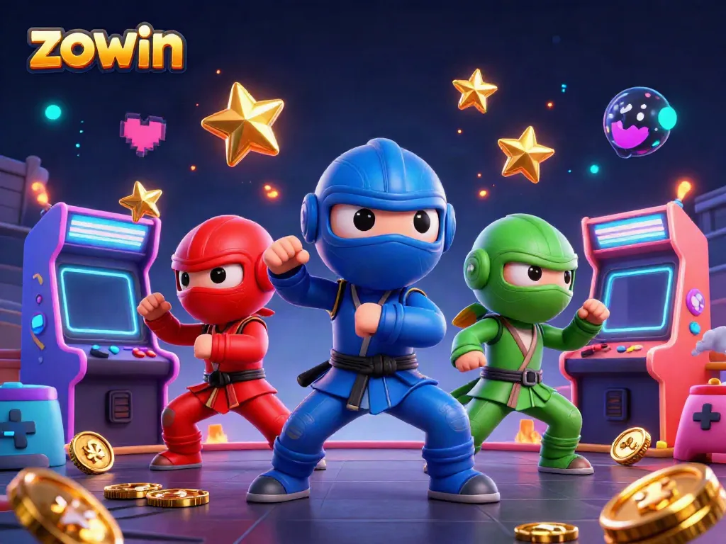 Zowin showcases a dynamic 3D casino scene with ninja chameleons and arcade elements, infused with vibrant energy.