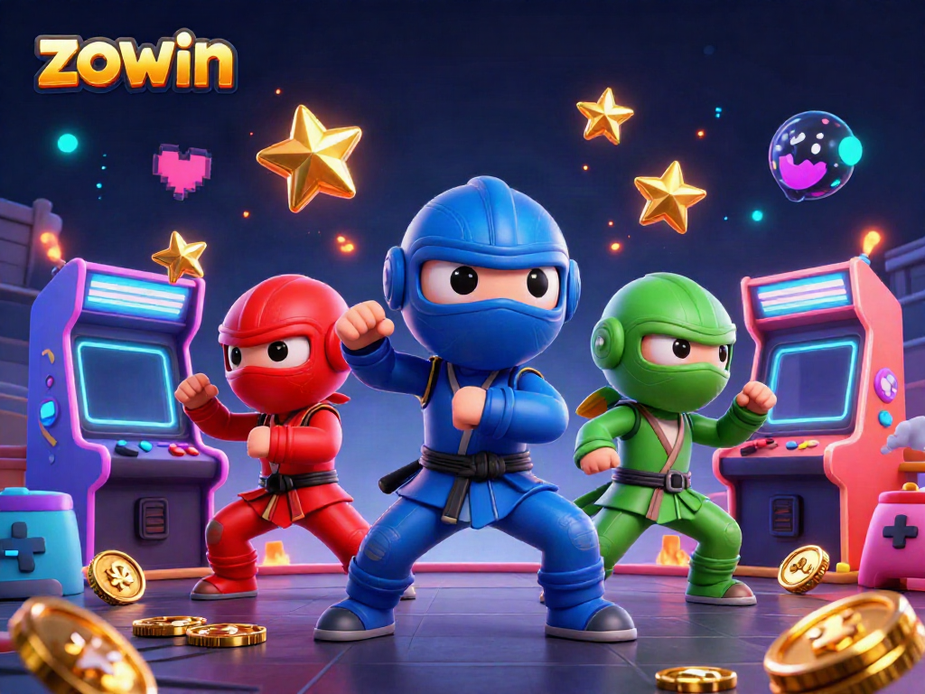 Zowin showcases a dynamic 3D casino scene with ninja chameleons and arcade elements, infused with vibrant energy.