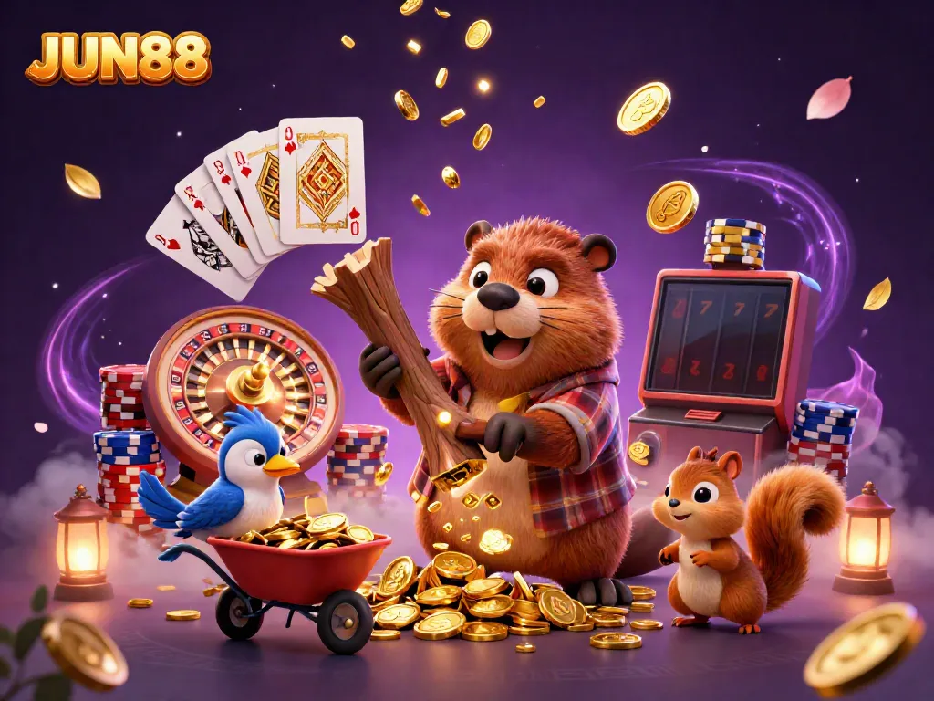 Experience the thrill of gaming with JUN88's vibrant casino illustration, showcasing a whimsical beaver and friends amidst golden coins.
