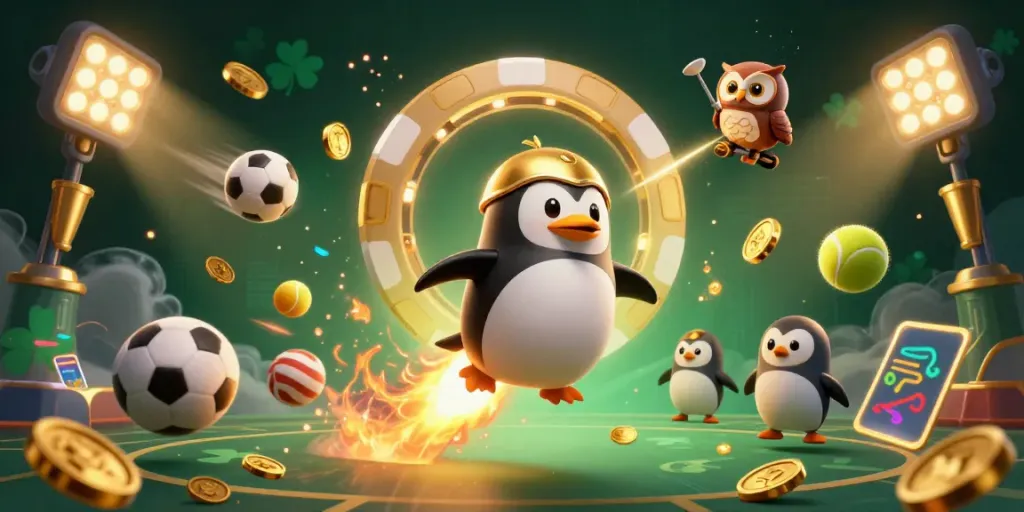 Experience thrilling action with NHÀ CÁI AU88, where a golden penguin rockets toward a cosmic casino!