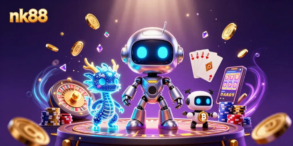 Experience the thrill of nk88 with a vibrant 3D casino scene featuring dynamic game elements and characters.