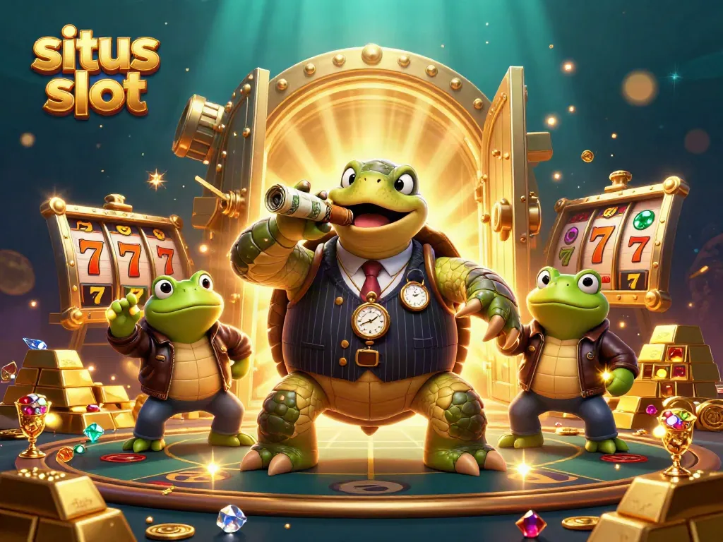 Experience vibrant winnings at situs slot with a cartoon turtle and bullfrogs among rich treasures.
