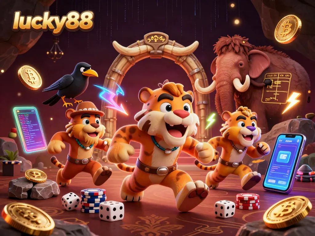 Engage in lucky88 gaming excitement with a prehistoric casino scene featuring bold characters and vibrant crypto elements.