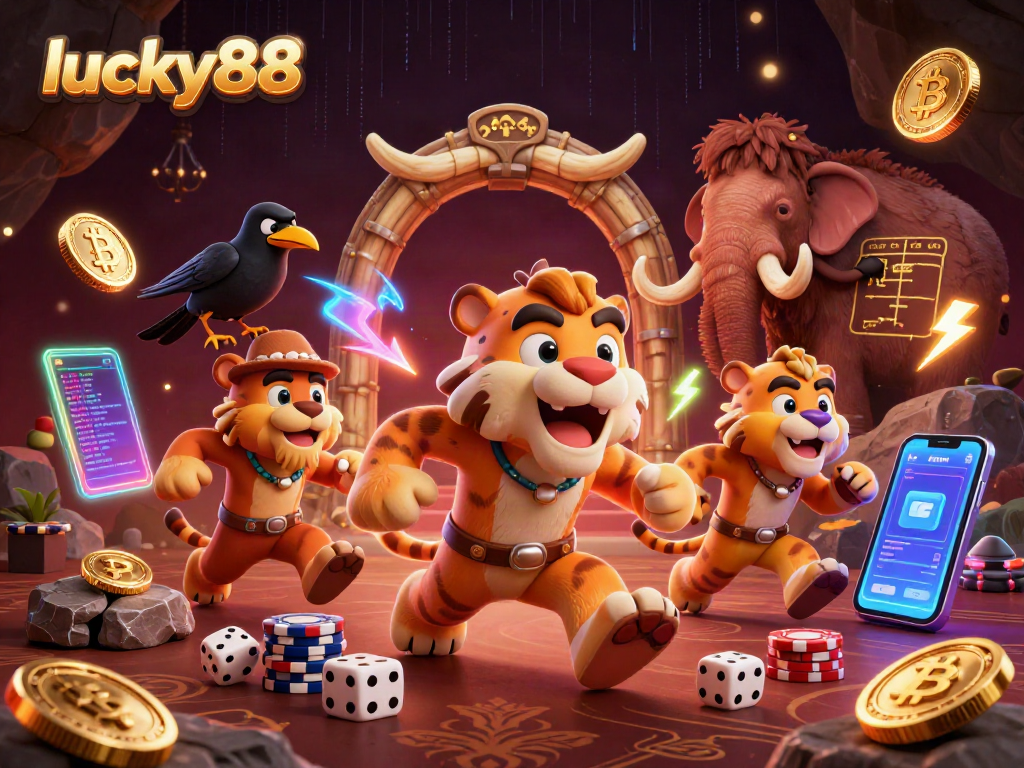 Engage in lucky88 gaming excitement with a prehistoric casino scene featuring bold characters and vibrant crypto elements.