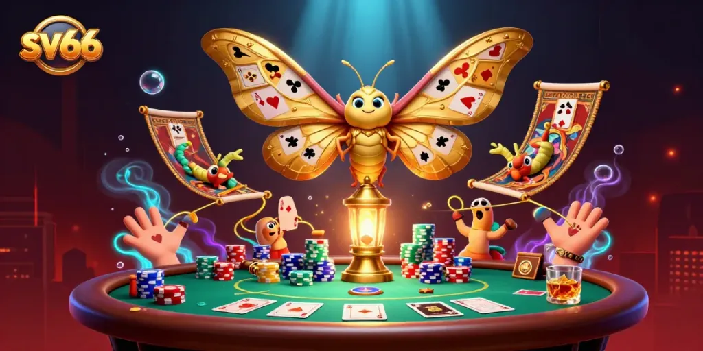 Experience thrilling gameplay at sv66 with stunning cartoon graphics featuring poker elements and golden motifs.