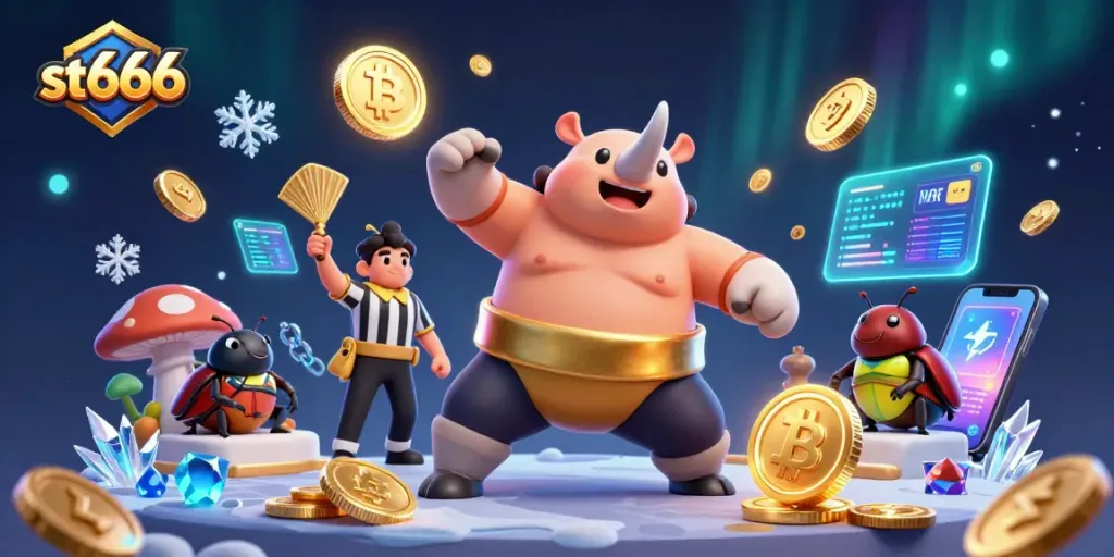 Join the thrilling action at st666, where a sumo champion beetle reigns as coins fly in this vibrant casino scene.