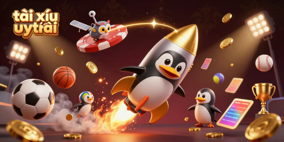 Experience the excitement of tài xỉu uy tín with a dynamic scene of a golden penguin and casino-themed elements.