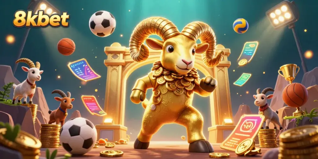 Experience thrilling sports betting excitement with 8xbet's dynamic golden ram illustration.