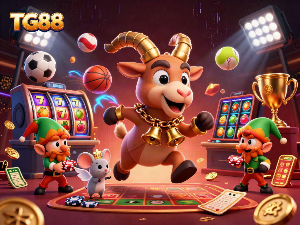 Engage in thrilling gameplay at TG88 with lively characters and casino elements surrounding a dynamic scene.
