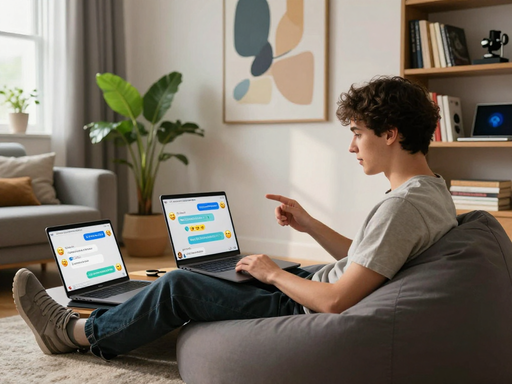 Engaging nsfw AI chat session in a cozy modern living room with vibrant decor.