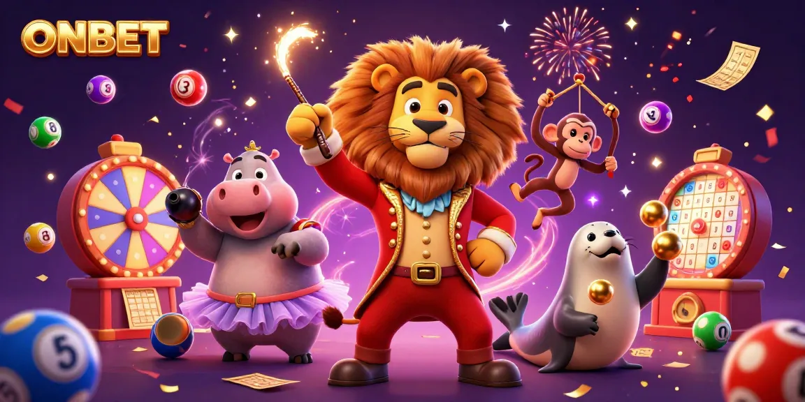 Experience the excitement of ONBET with a vibrant 3D illustration featuring whimsical casino characters and lottery elements.