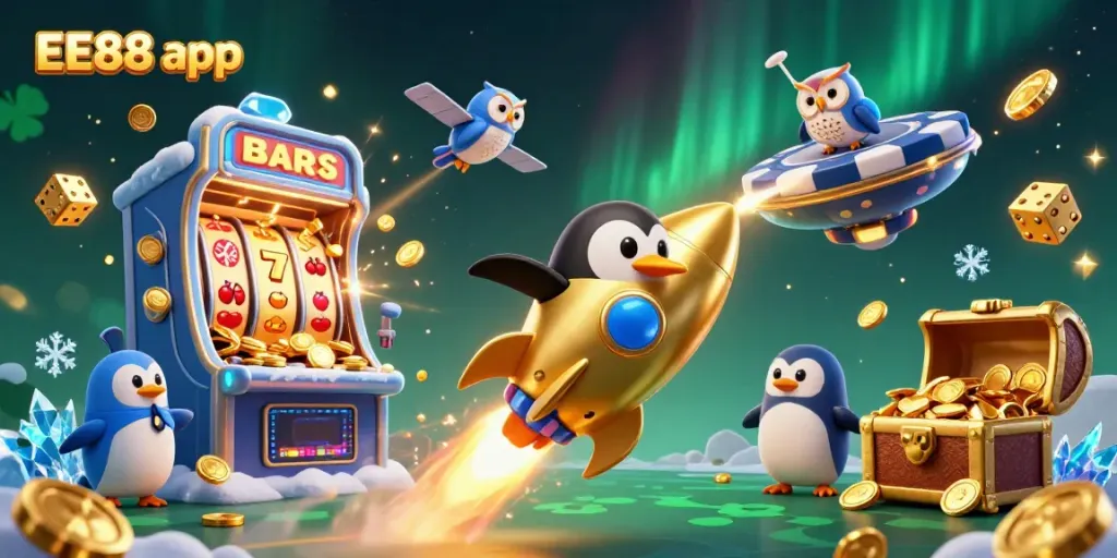 Play exciting games with the EE88 app, featuring a golden penguin and casino-themed elements.