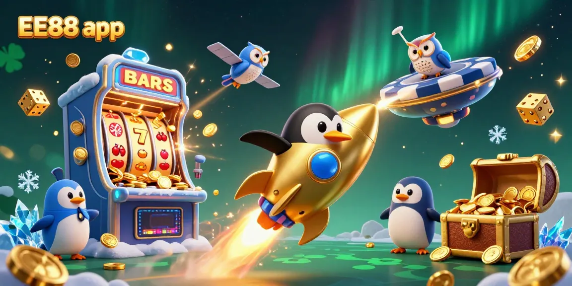 Play exciting games with the EE88 app, featuring a golden penguin and casino-themed elements.
