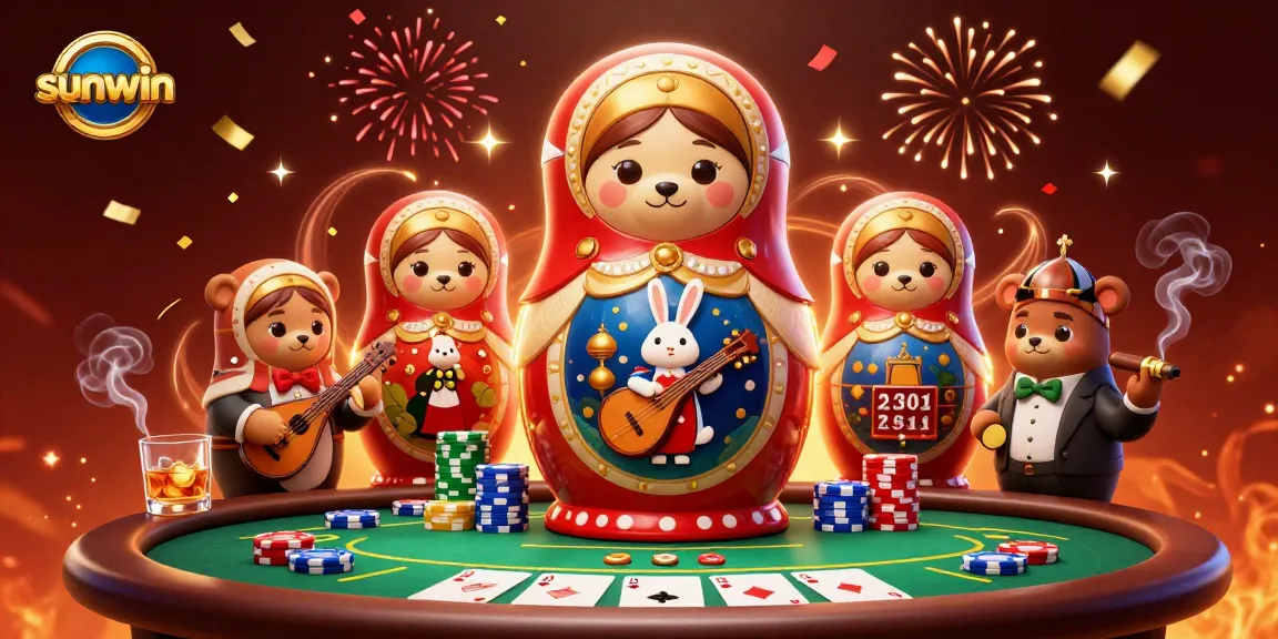 Engage with the vibrant sunwin scene showcasing iconic Russian dolls and casino elements.
