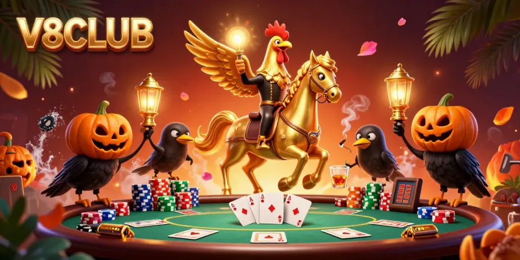 Experience thrilling action at V8CLUB with a golden rooster and crow companions amidst a vibrant casino scene.