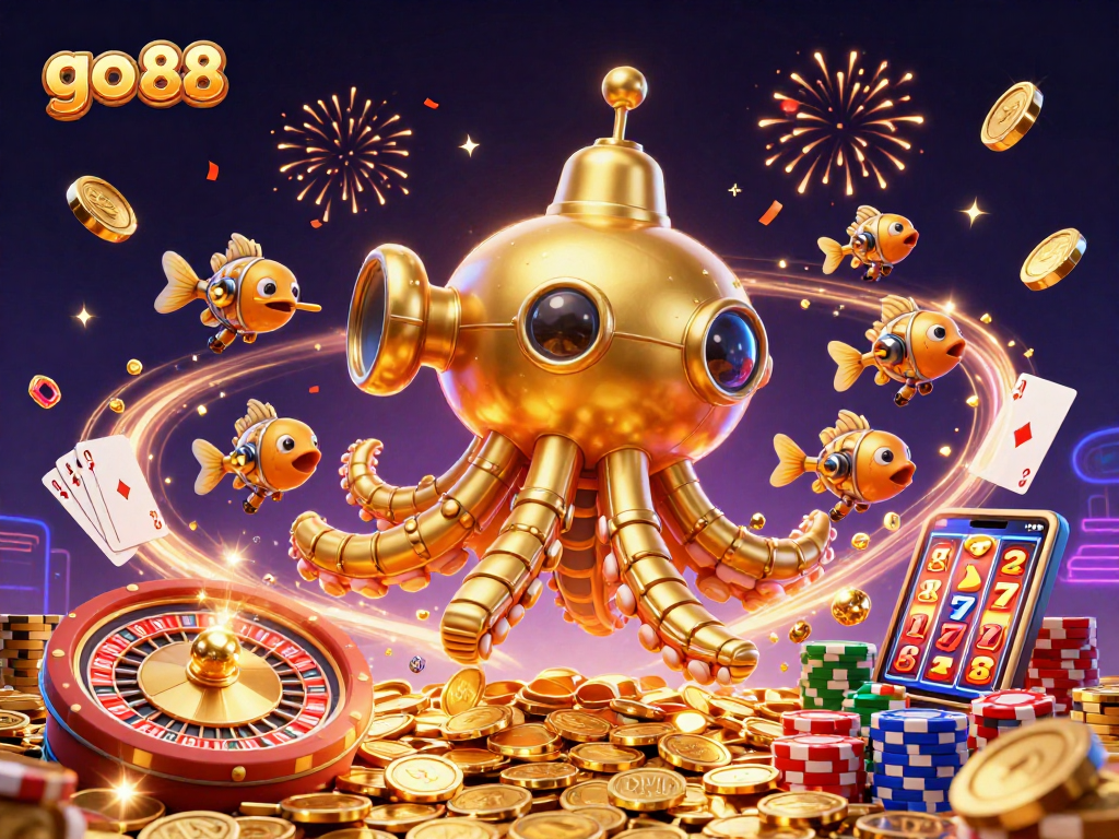 Join the thrilling action at go 88 with a golden kraken submarine amidst sparkling coins and dynamic game elements.