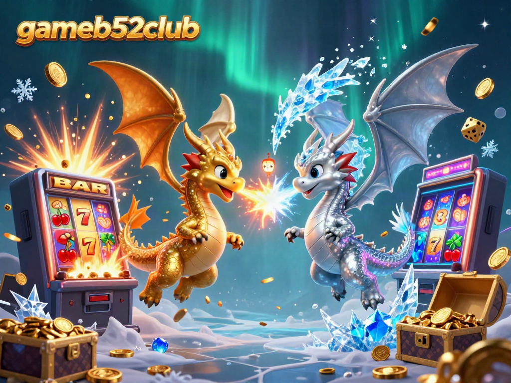 Engage with gameb52club's exciting jackpot scene featuring dragons amid a casino explosion.