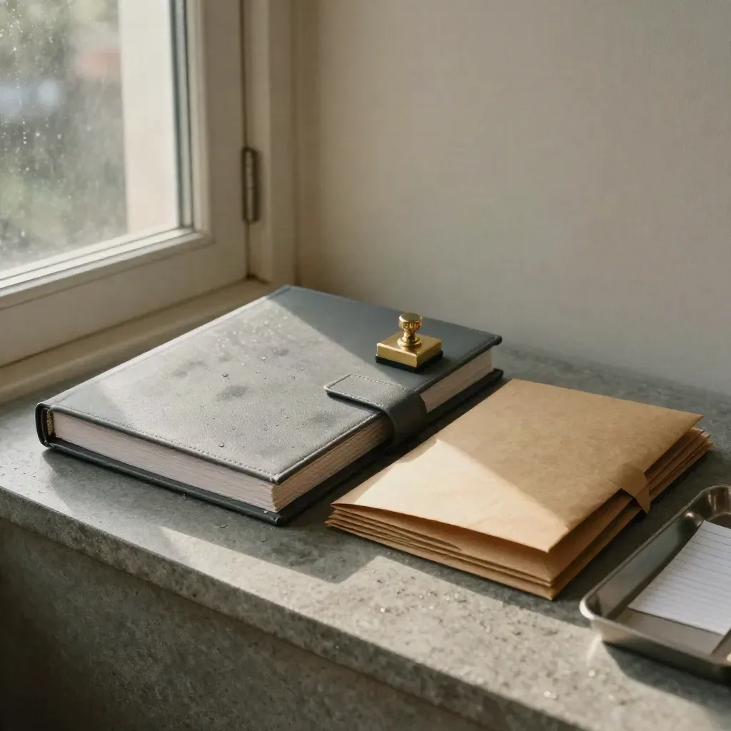 Slate billing binder, brass date stamp, kraft envelopes and receipt tray in dawn mist.