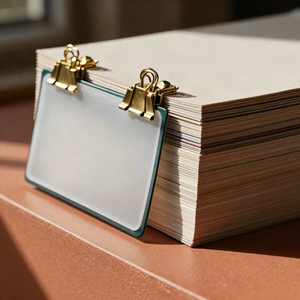 Edge-on agency proof boards clipped together with a frosted sleeve on a warm stone ledge.