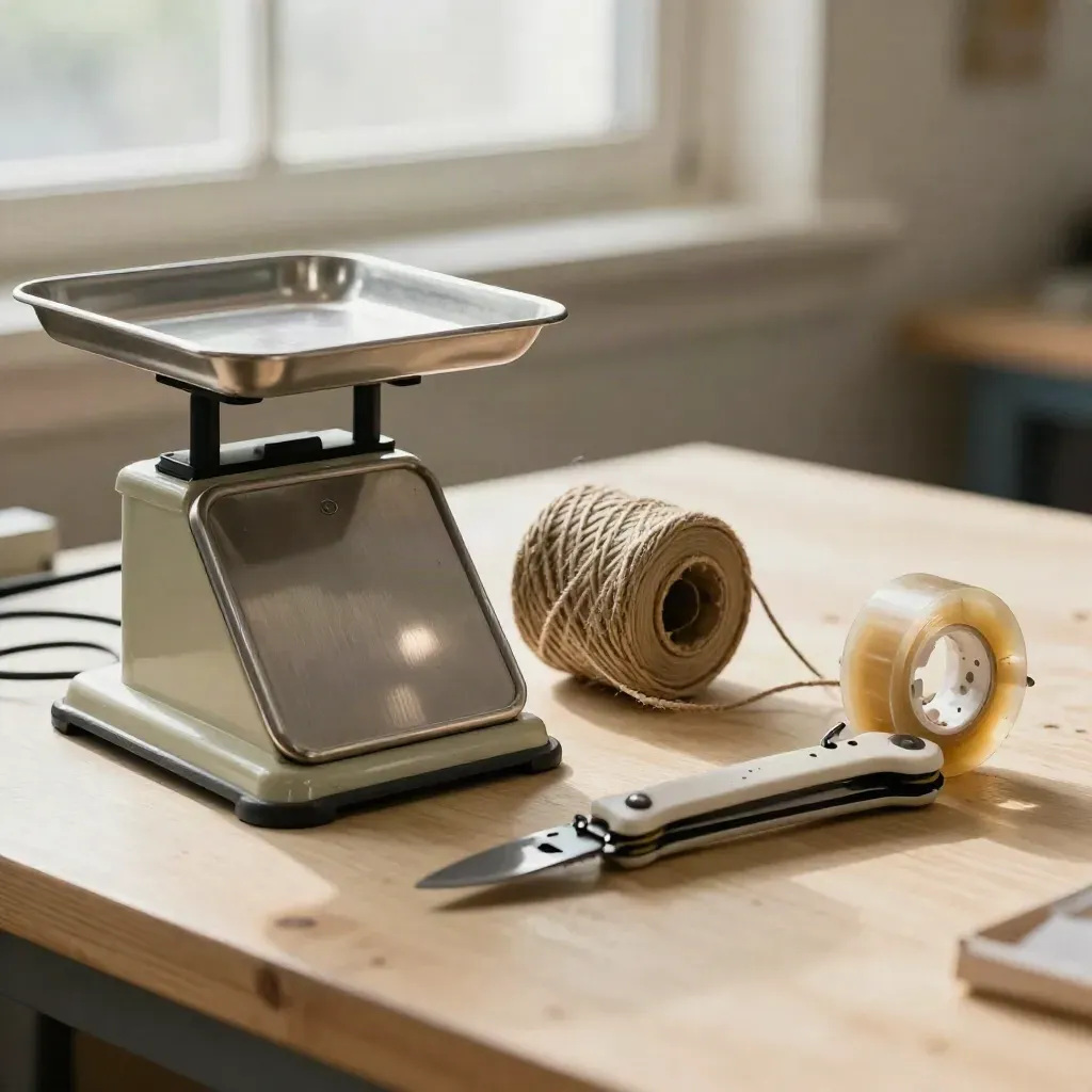 Macro still life of a parcel scale, twine spool, packing knife and tape dispenser on a packing bench