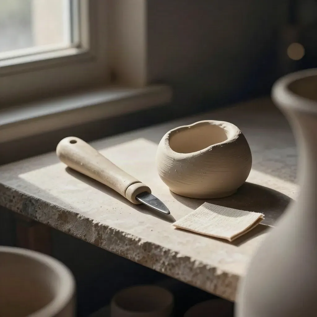 Pottery trimming tools, a small clay form and a face-down sample card on a dark studio shelf.