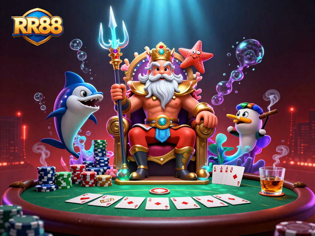 Experience the excitement of RR88 with Neptune and friends at the poker table full of vibrant game elements.